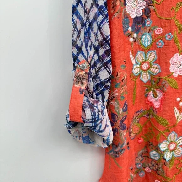 Vincente Tunic Top Shirt Blouse Size Small Embroidered Sheer Button Up Boho - Picture 10 of 16